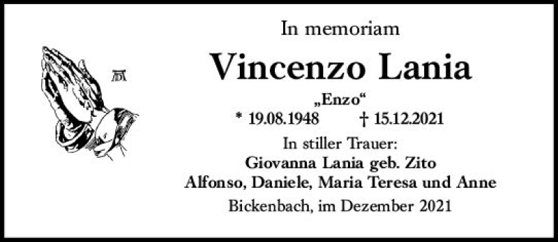  Traueranzeige für Vincenzo Lania vom 24.12.2021 aus vrm-trauer