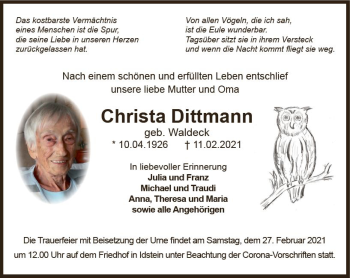 Traueranzeige von Christa Dittmann von vrm-trauer