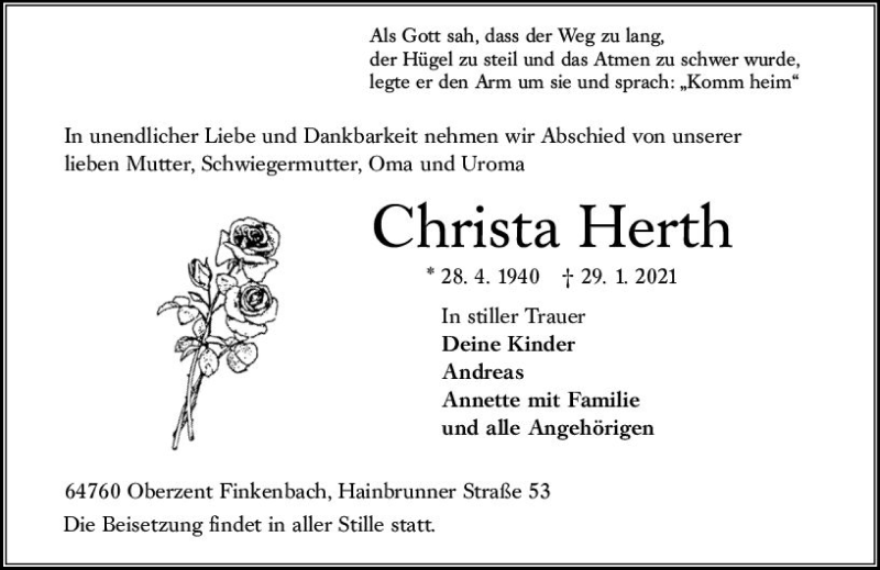  Traueranzeige für Christa Herth vom 10.02.2021 aus vrm-trauer