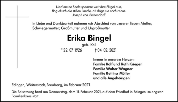 Traueranzeige von Erika Bingel von vrm-trauer