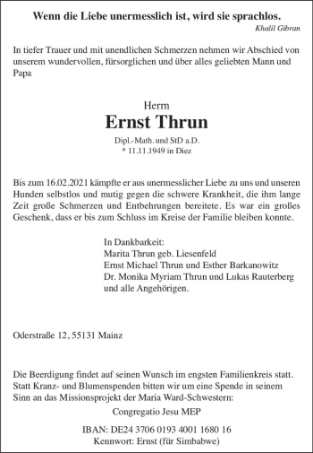 Traueranzeige von Ernst Thrun von vrm-trauer