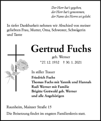 Traueranzeige von Gertrud Fuchs von vrm-trauer
