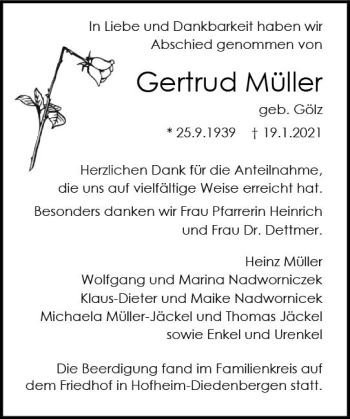 Traueranzeige von Gertrud Müller von vrm-trauer