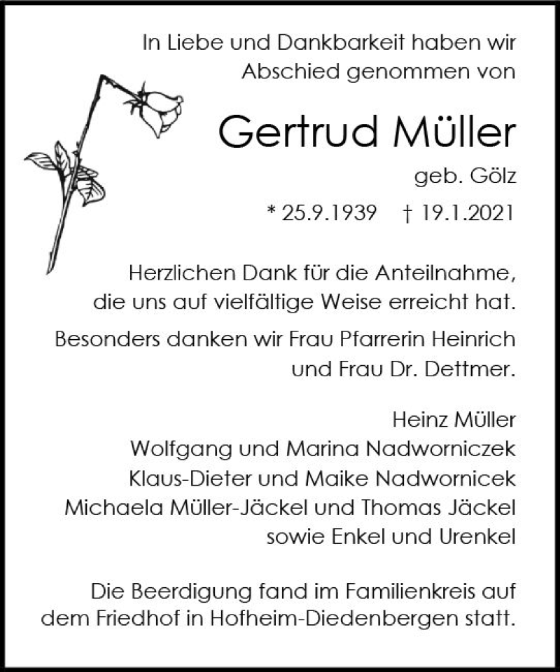  Traueranzeige für Gertrud Müller vom 05.02.2021 aus vrm-trauer