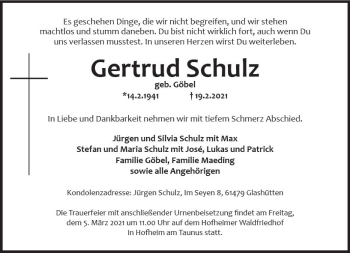 Traueranzeige von Gertrud Schulz von vrm-trauer