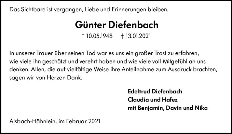  Traueranzeige für Günter Diefenbach vom 13.02.2021 aus vrm-trauer
