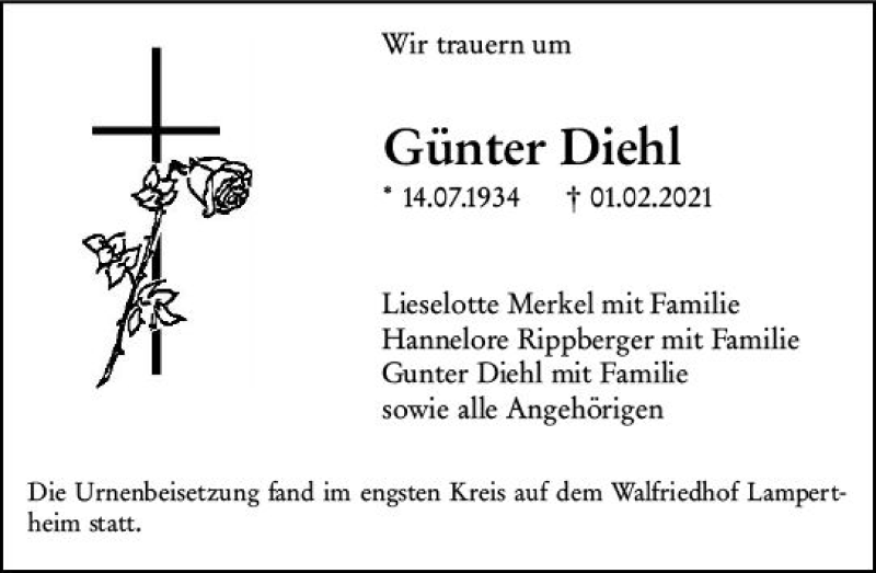  Traueranzeige für Günter Diehl vom 13.02.2021 aus vrm-trauer