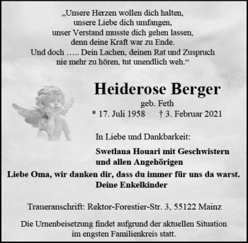 Traueranzeige von Heiderose Berger von vrm-trauer