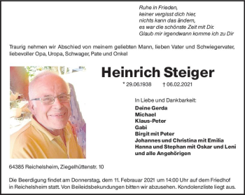 Traueranzeige von Heinrich Steiger von vrm-trauer