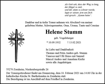 Traueranzeige von Helene Stumm von vrm-trauer