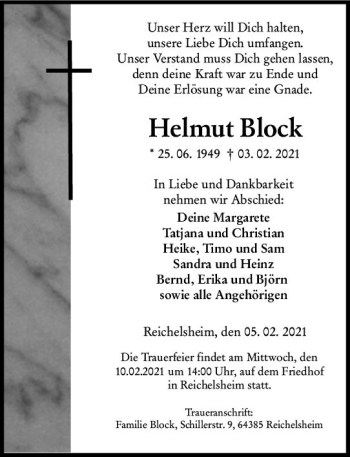 Traueranzeige von Helmut Block von vrm-trauer