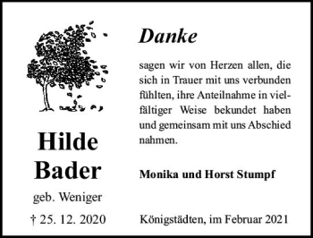 Traueranzeige von Hilde Bader von vrm-trauer