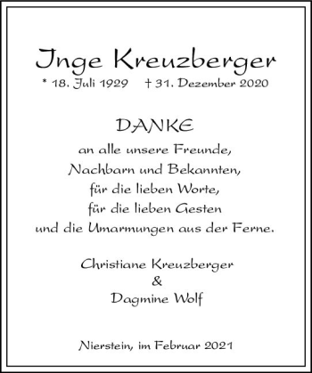 Traueranzeige von Inge Kreuzberger von vrm-trauer