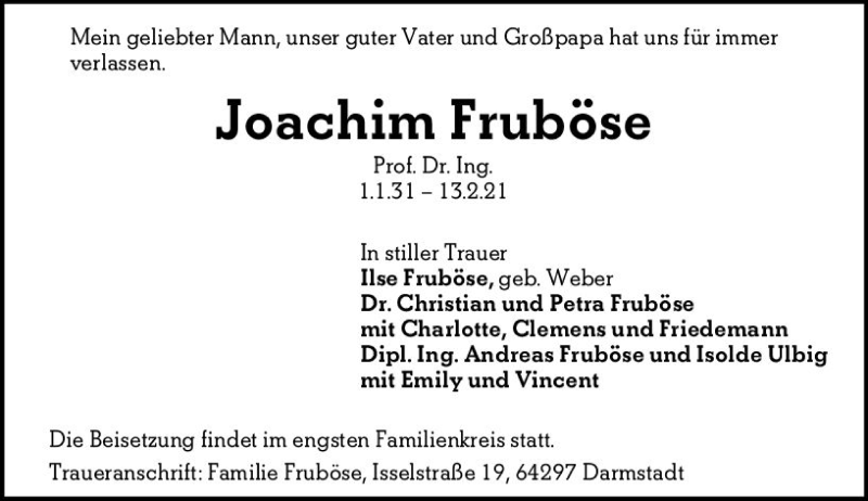 Traueranzeige für Joachim Fruböse vom 20.02.2021 aus vrm-trauer
