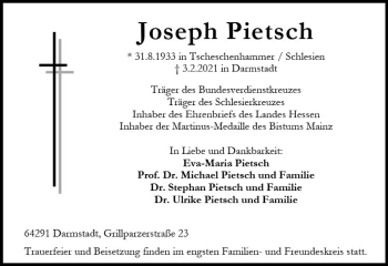 Traueranzeige von Joseph Pietsch von vrm-trauer