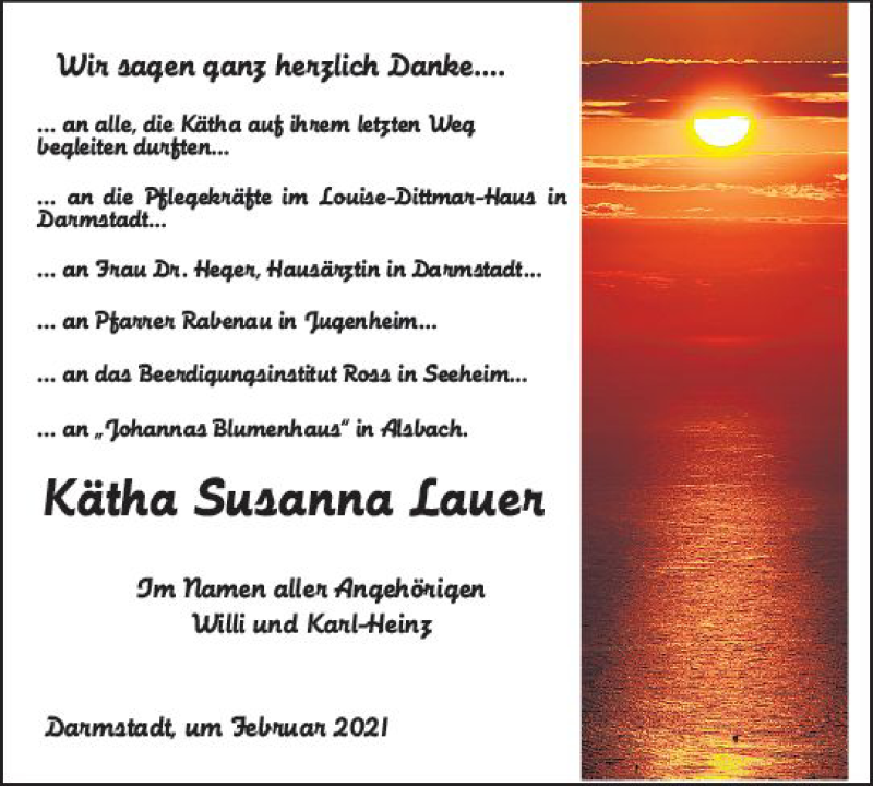  Traueranzeige für Kätha Susanna Lauer vom 06.02.2021 aus vrm-trauer