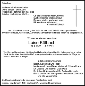 Traueranzeige von Luise Kölbach von vrm-trauer