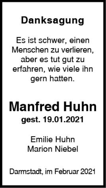 Traueranzeige von Manfred Huhn von vrm-trauer