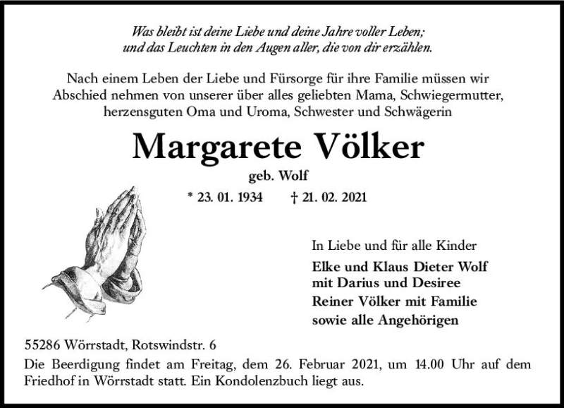  Traueranzeige für Margarete Völker vom 25.02.2021 aus vrm-trauer