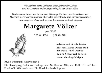 Traueranzeige von Margarete Völker von vrm-trauer