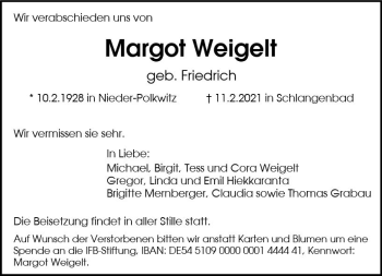 Traueranzeige von Margot Weigelt von vrm-trauer