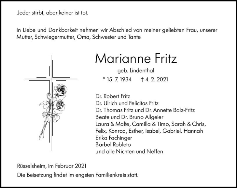  Traueranzeige für Marianne Fritz vom 13.02.2021 aus vrm-trauer