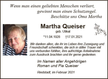 Traueranzeige von Martha Queiser von vrm-trauer