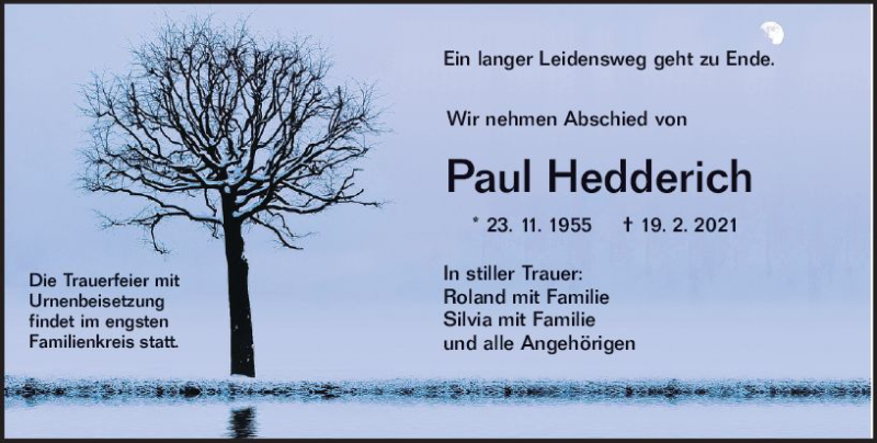  Traueranzeige für Paul Hedderich vom 25.02.2021 aus vrm-trauer