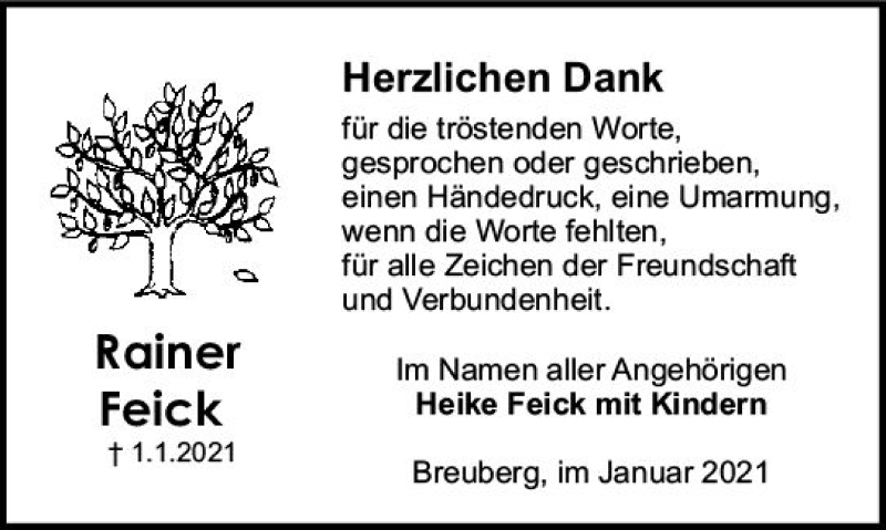  Traueranzeige für Rainer Feick vom 13.02.2021 aus vrm-trauer