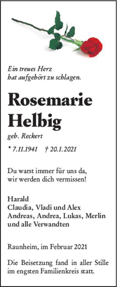  Traueranzeige für Rosemarie Helbig vom 06.02.2021 aus vrm-trauer