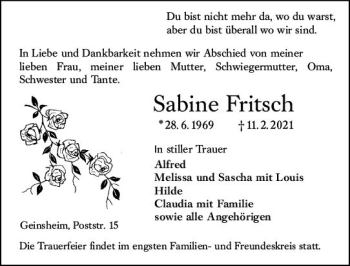 Traueranzeige von Sabine Fritsch von vrm-trauer