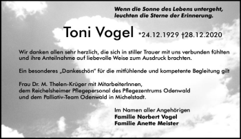 Traueranzeige von Toni Vogel von vrm-trauer