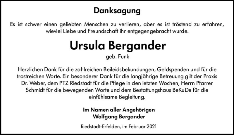  Traueranzeige für Ursula Bergander vom 06.02.2021 aus vrm-trauer