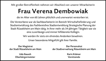 Traueranzeige von Verena Dembowiak von vrm-trauer