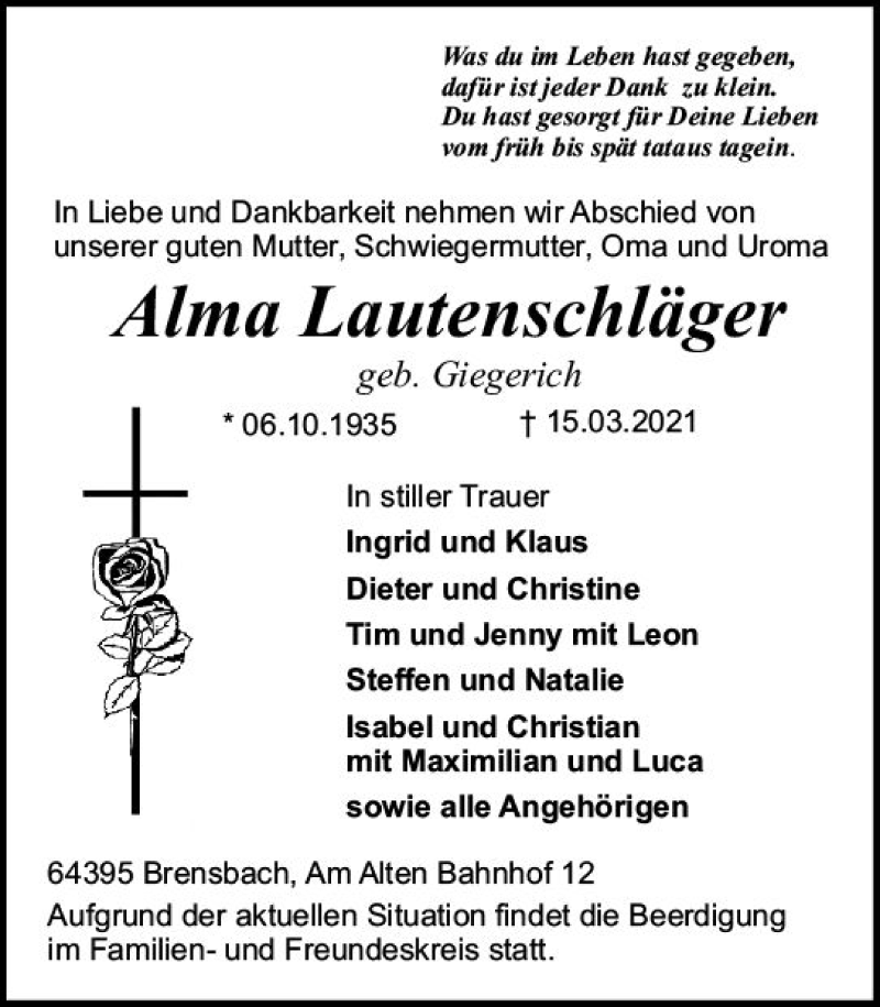  Traueranzeige für Alma Lautenschläger vom 20.03.2021 aus vrm-trauer