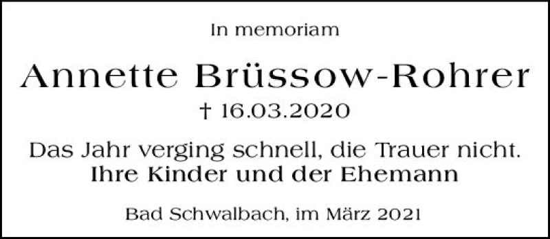  Traueranzeige für Annette Brüssow-Rohrer vom 17.03.2021 aus vrm-trauer