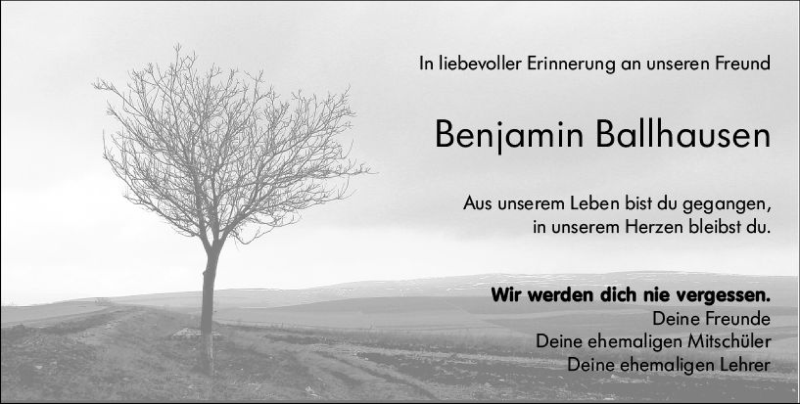  Traueranzeige für Benjamin Ballhausen vom 20.03.2021 aus vrm-trauer