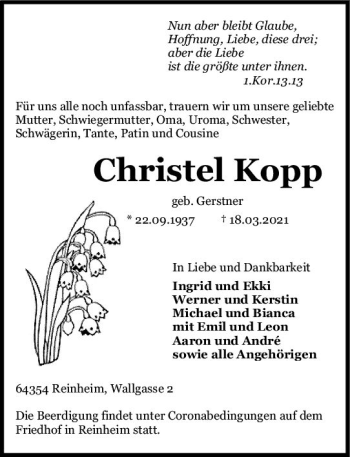 Traueranzeige von Christel Kopp von vrm-trauer