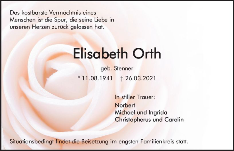  Traueranzeige für Elisabeth Orth vom 29.03.2021 aus vrm-trauer