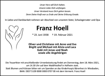 Traueranzeige von Franz Hoell von vrm-trauer