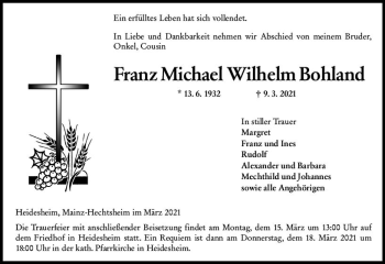 Traueranzeige von Franz Michael Wilhelm Bobland von vrm-trauer