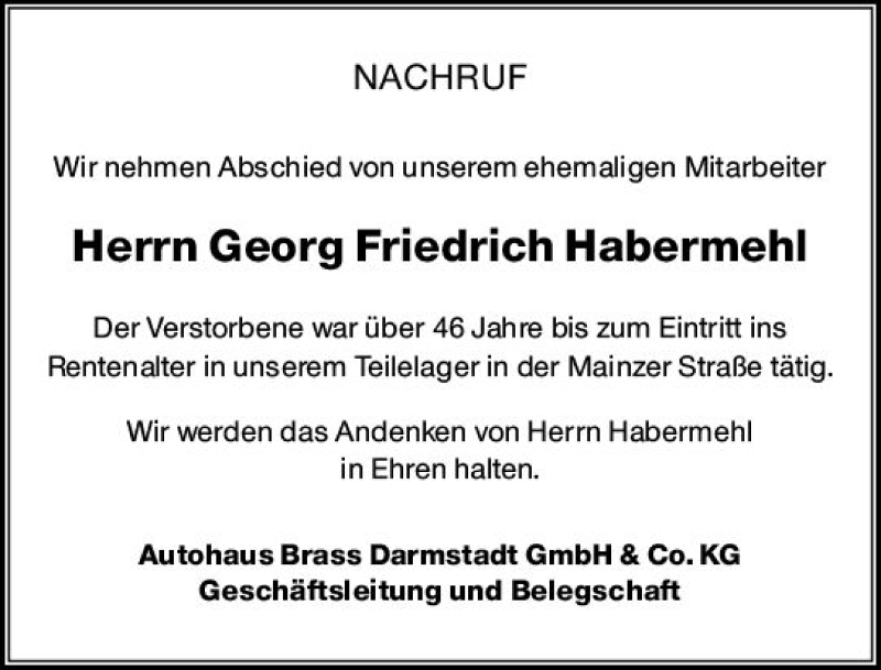  Traueranzeige für Georg Friedrich Habermehl vom 06.03.2021 aus vrm-trauer
