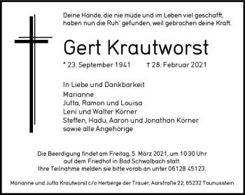 Traueranzeige von Gert Krautworst von vrm-trauer