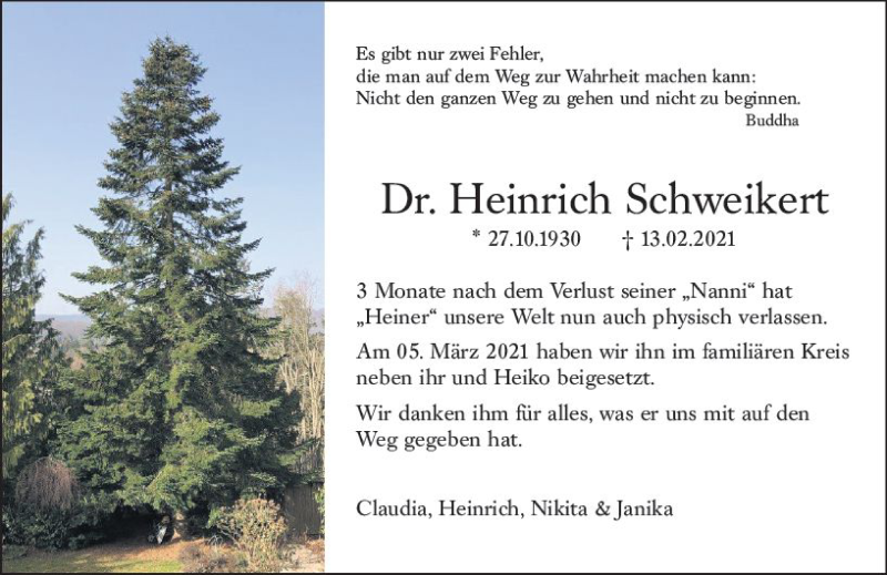  Traueranzeige für Heinrich Schweikert vom 06.03.2021 aus vrm-trauer