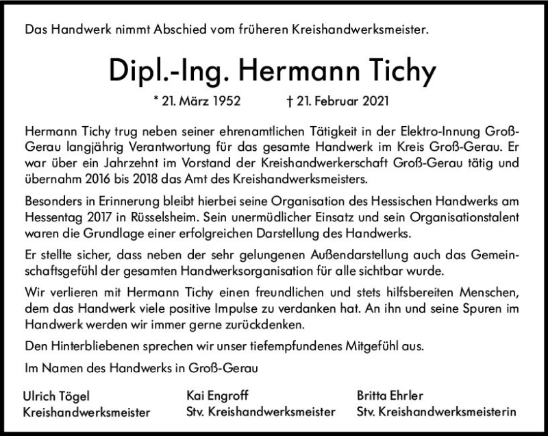  Traueranzeige für Hermann Tichy vom 06.03.2021 aus vrm-trauer