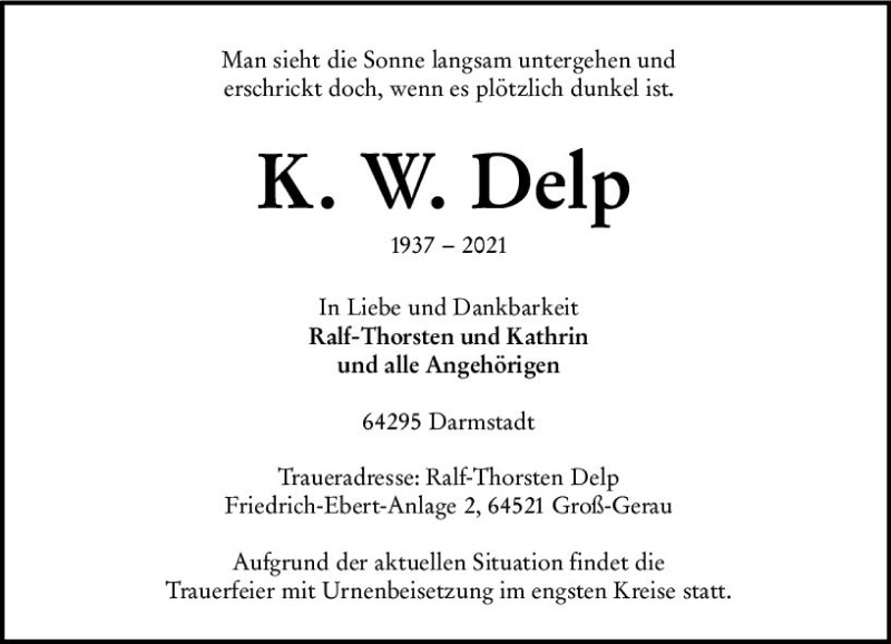  Traueranzeige für K. W. Delp vom 20.03.2021 aus vrm-trauer