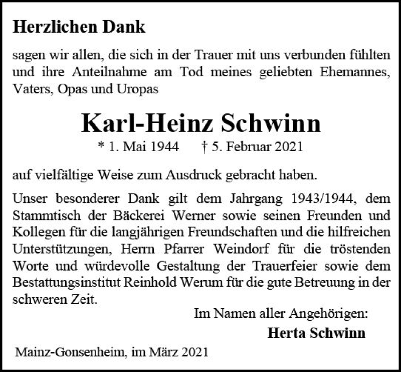  Traueranzeige für Karl-Heinz Schwinn vom 06.03.2021 aus vrm-trauer