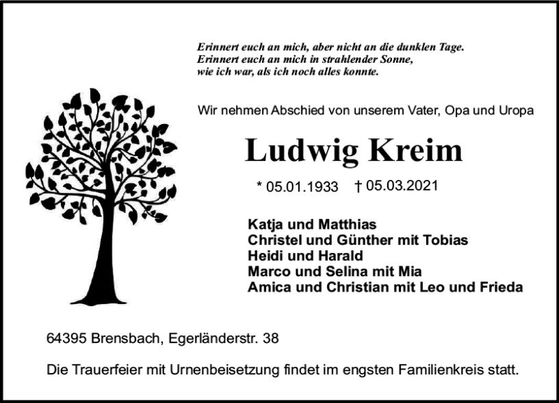  Traueranzeige für Ludwig Kreim vom 20.03.2021 aus vrm-trauer