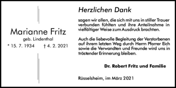 Traueranzeige von Marianne Fritz von vrm-trauer