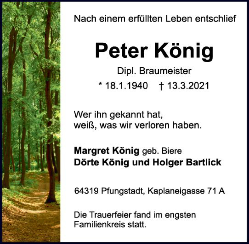 Traueranzeige für Peter König vom 20.03.2021 aus vrm-trauer
